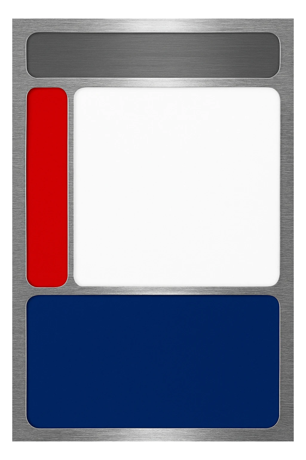 Edit the card image to render only the frame area as brushed metal texture. Remove all text and labels from the card. Keep the rest of the card layout and colors unchanged: gray title bar, red vertical bar, white main area, blue bar at the bottom. The brushed metal effect should be realistic and only applied to the frame area, preserving the original colors and layout elsewhere. sticker