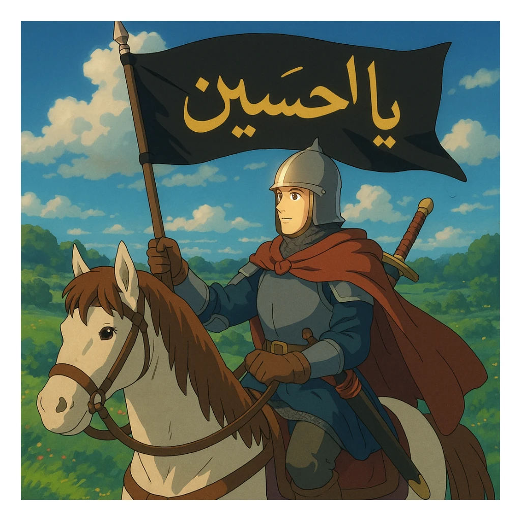 A knight with light on his face riding a horse, holding a banner with “Ya Hussein” written on it in Arabic, and holding a sword Tokijin In the sheath sticker
