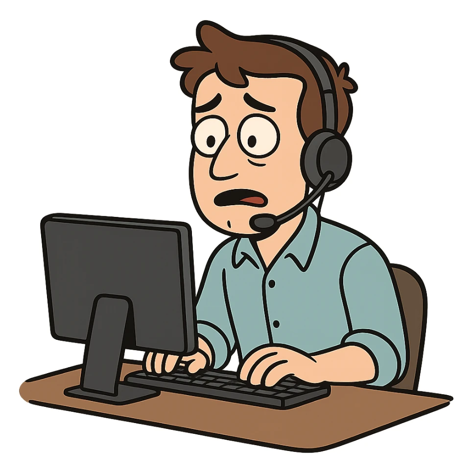 A male call center agent with a headset, at a computer, cartoon style. sticker