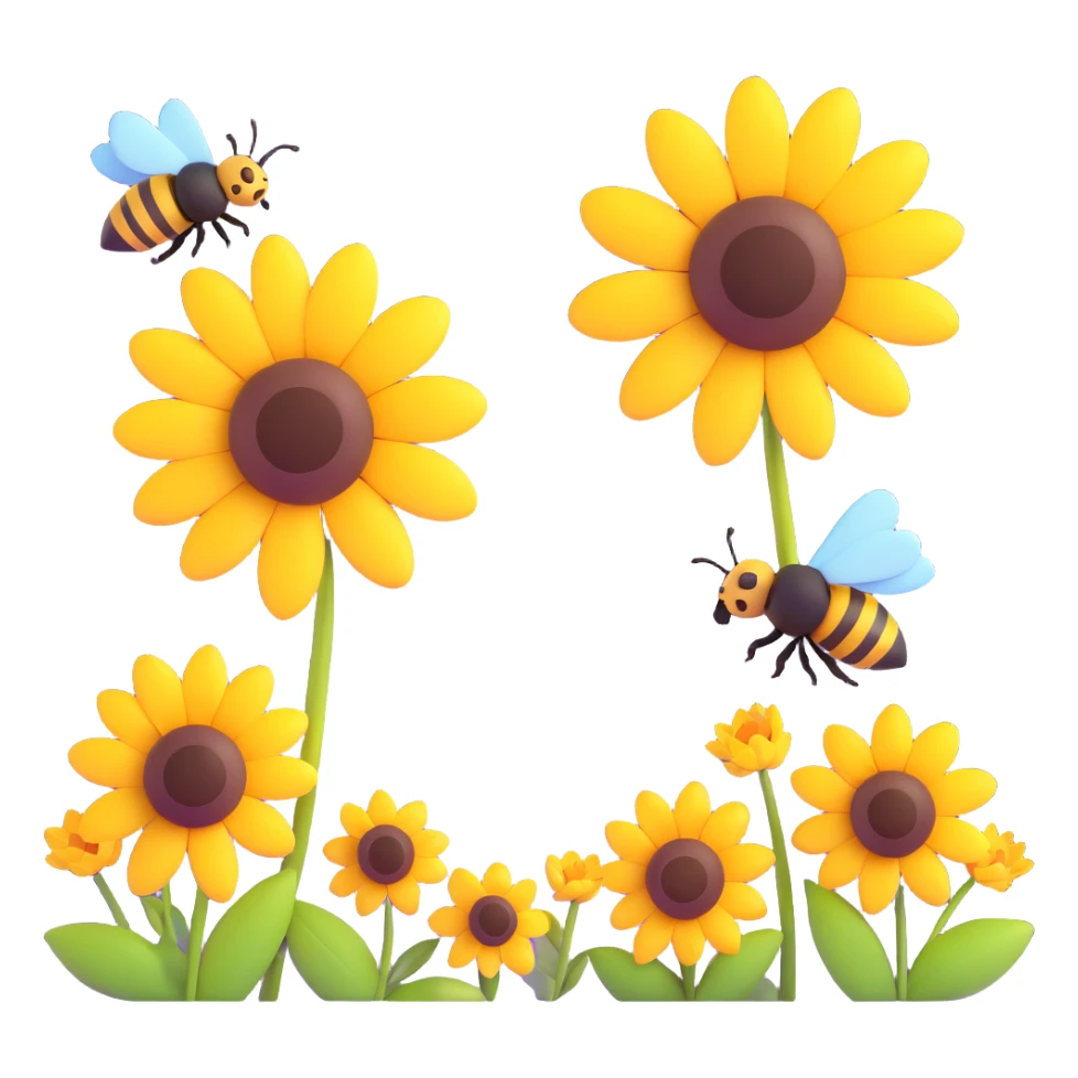 Two bees flying above yellow flowers with a sun in the background sticker
