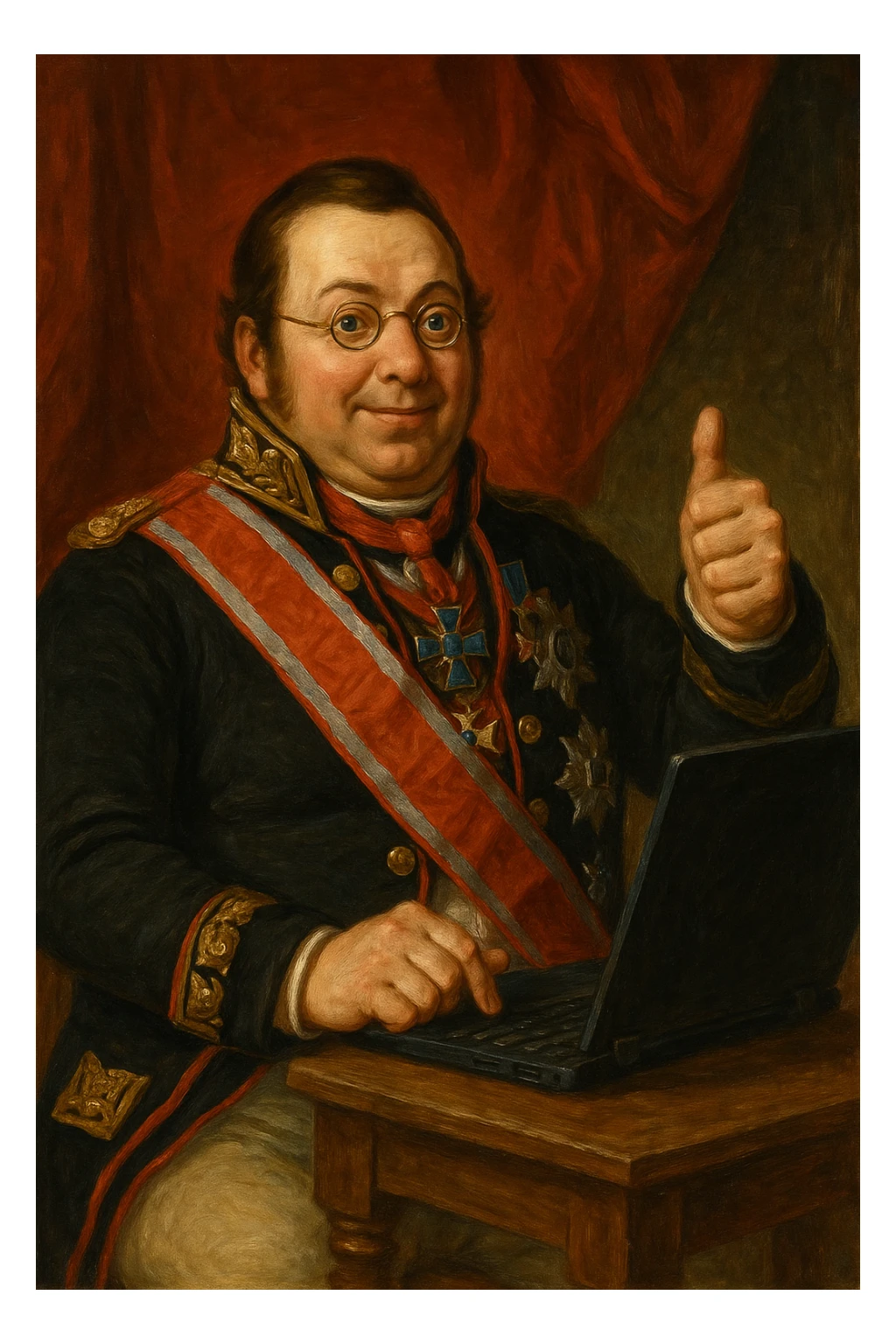 Павел Николаевич Демидов сидит за ноутбуком, и довольный поднимает палец вверх что он решил какую-то задачу, рисованный стиль sticker