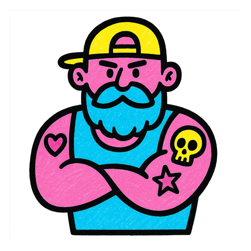 tattooed guy with a hat, bold graphic style sticker