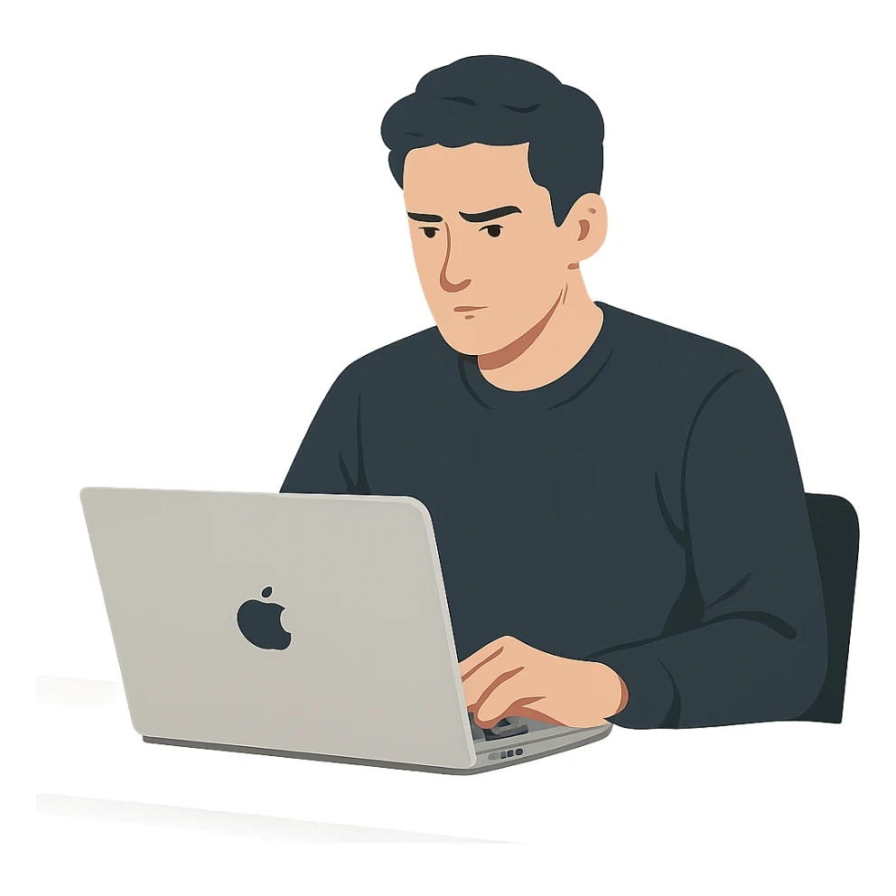 a person working on their MacBook, modern environment, concentrated expression, minimalist desk, digital clean illustration style, no background sticker