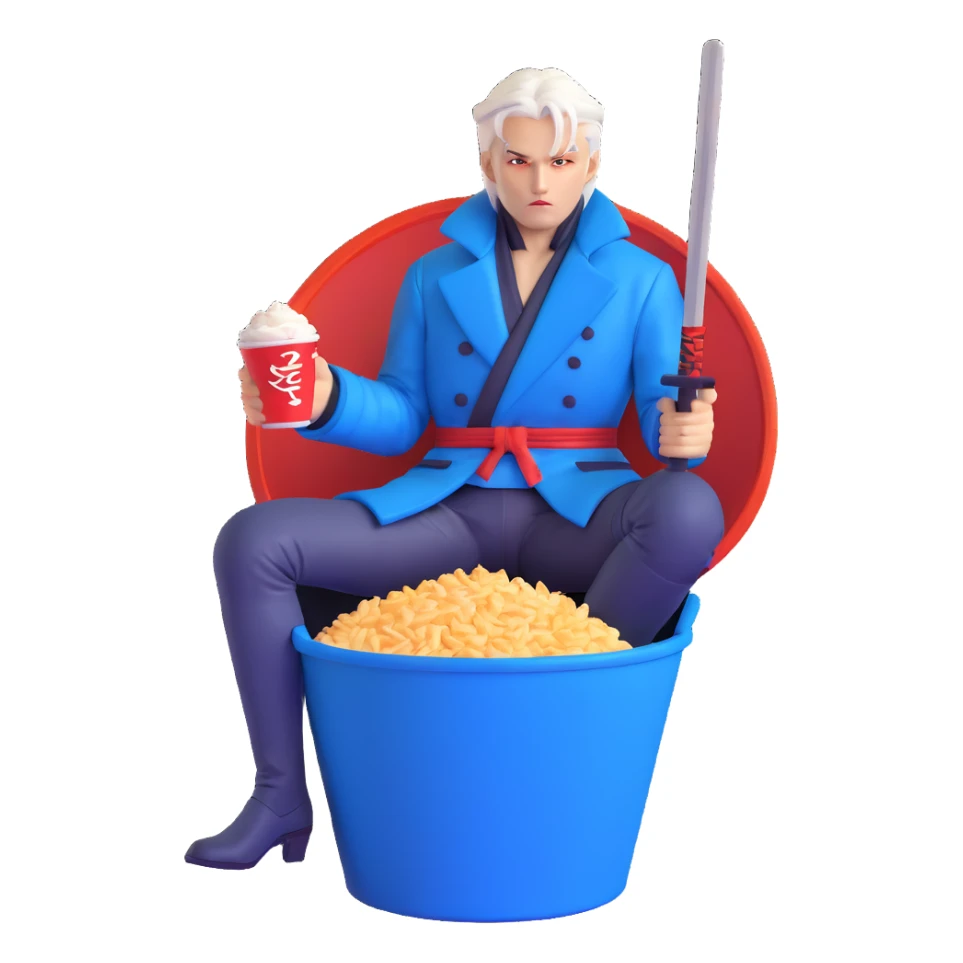 Vergil from Devil May Cry sitting in a KFC bucket, blue coat, white hair, katana sticker