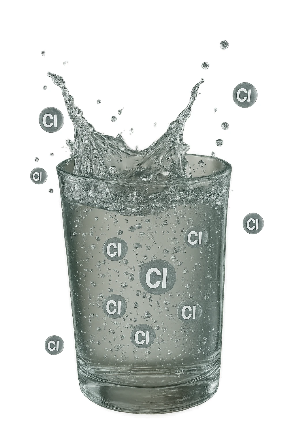 un bicchiere di acqua cade verticalmente dall'alto realistico e dettagliato, dentro l'acqua del bicchiere ci sono particelle di cloro ben visibili con la scritta "Cl" sopra, ci sono particelle anche che escono dal bicchiere e fluttuano in aria verticalmente, mentre alcune sono all'interno dell'acqua nel bicchiere, iperrealistico 4k sticker