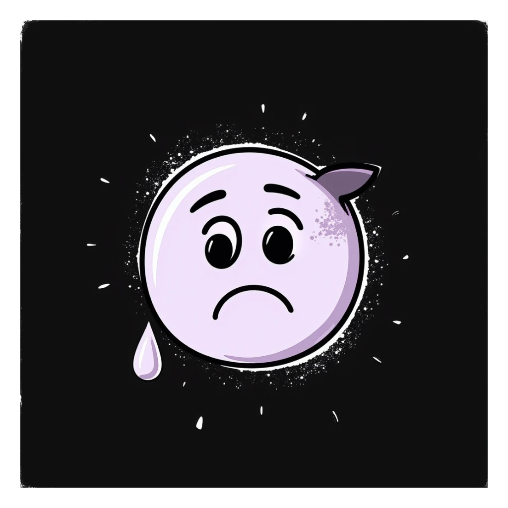 sad face with single tear emoji, hand-drawn chalk style, soft lilac color palette, rough doodle-like texture, looks like pastel chalk on a dark surface, aesthetic and emotional, suitable for Telegram channel sticker