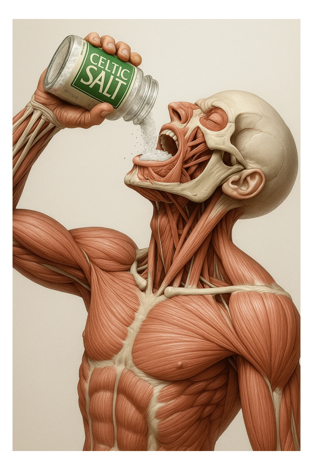 Create a vertical hyperrealistic 4K medical illustration exactly matching the style and composition of the reference image. The subject is an anatomically accurate human body holding a jar labeled 'CELTIC SALT', pouring salt into his mouth. The background should be neutral and clear. The image must be extremely detailed, vertical format, with the same pose and lighting as the reference. sticker