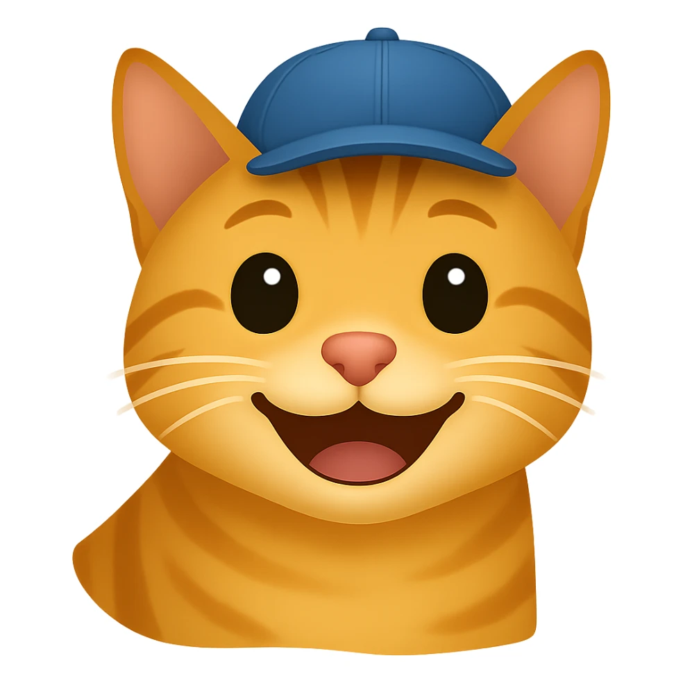 Change the cat's face expression to happy, keep the blue cap, and set the background to transparent. The style should resemble emoji style with simple and clear features. sticker
