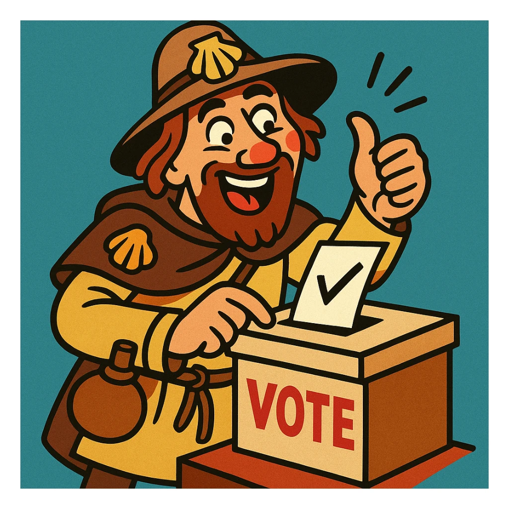medieval pilgrim voting in a funny, cartoonish way, exaggerated expressions, vibrant toon style sticker