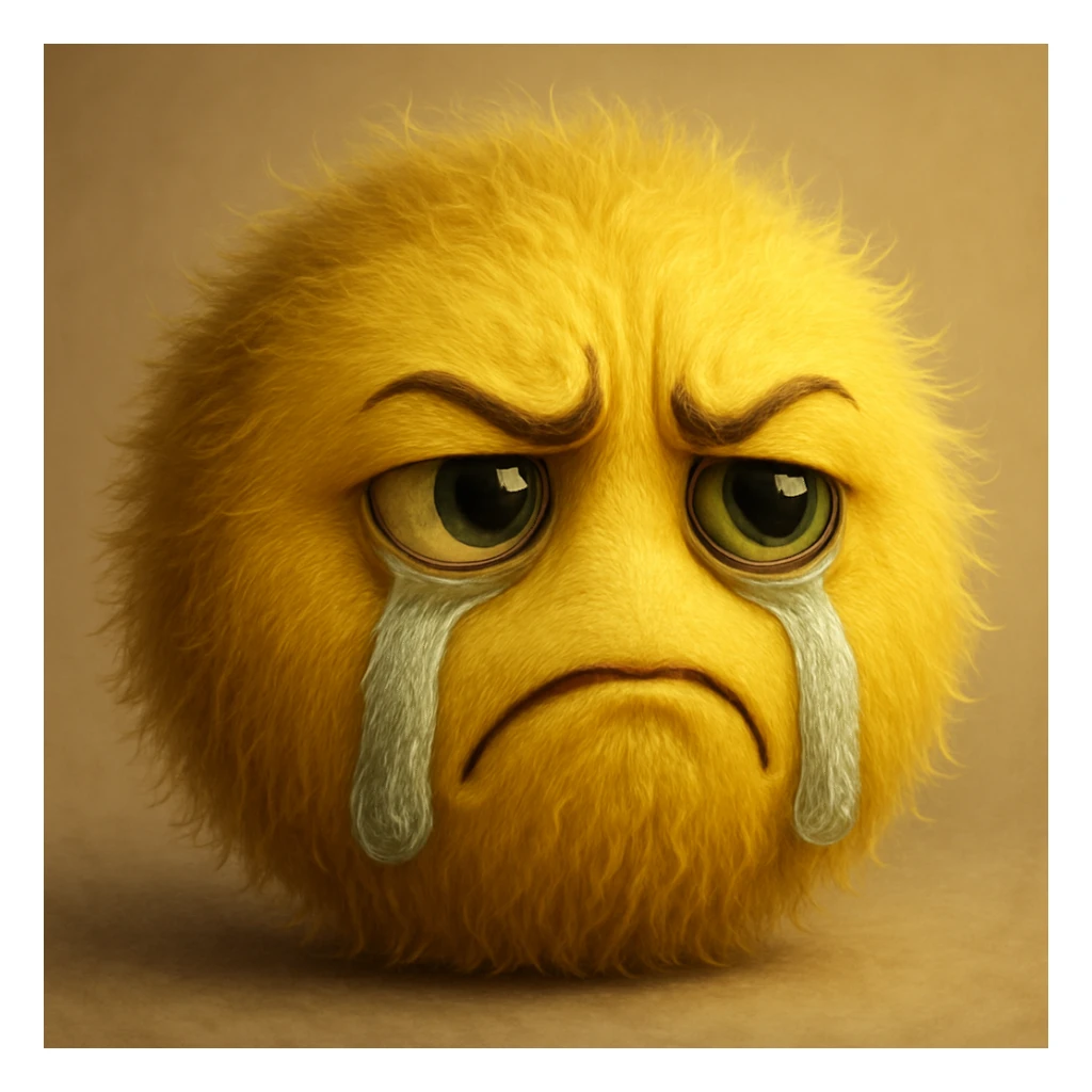 a furry yellow ball with a face, displaying both sadness and jealousy, with fur-textured tears and lifelike emotion sticker