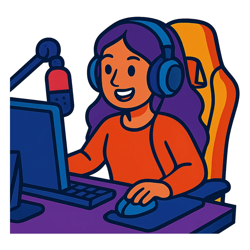 female streamer with headphones and a gaming chair sticker