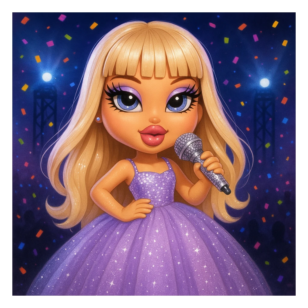 Pretty and girly Blonde pop star with bangs wearing a sparkly tulle light purple ballgown, holding a bedazzled microphone, reimagined as a cute Bratz doll, with a nighttime concert backdrop with colorful confetti sticker