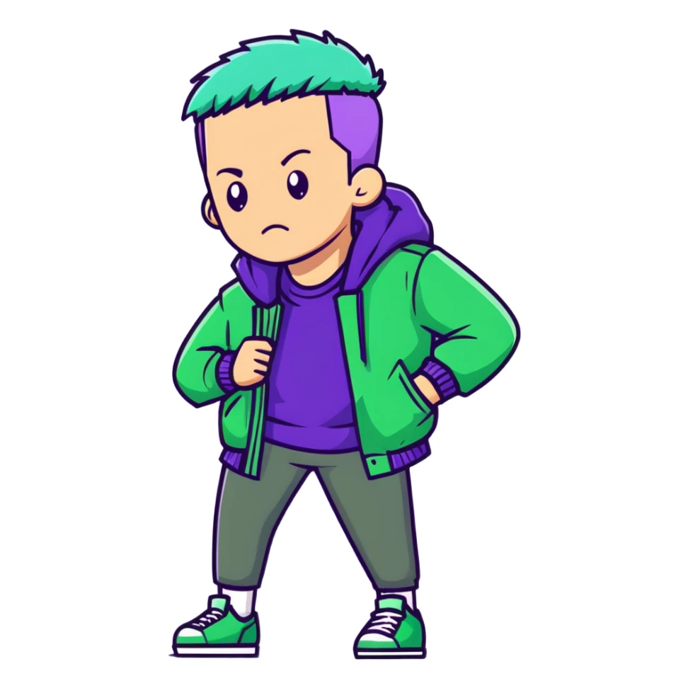 Man with stylish green jacket and purple hair, strong pose, bold expression, modern clothing style sticker