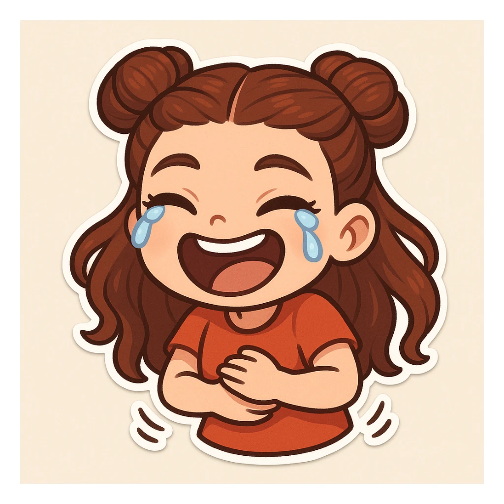 Create a chibi sticker of the girl from the reference image. She is laughing hard, holding her stomach, tears of laughter, joyful and lively, with her signature double bun hairstyle. sticker