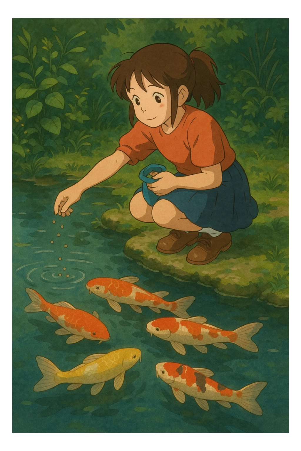 girl feeding koi fish in a pond sticker