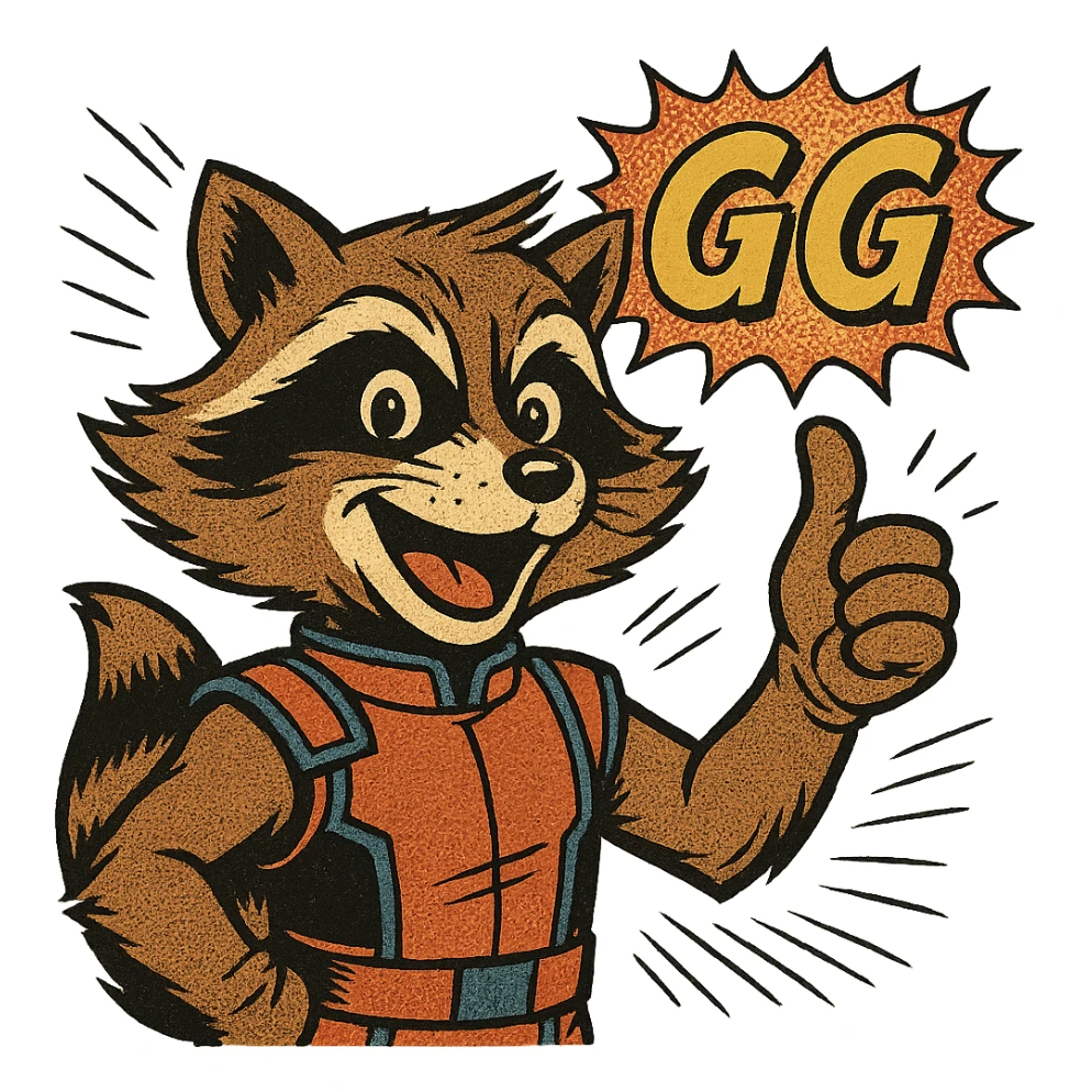 Rocket Raccoon in old school comic book style, giving a thumbs up or victory sign, with the text: GG, cheerful expression sticker