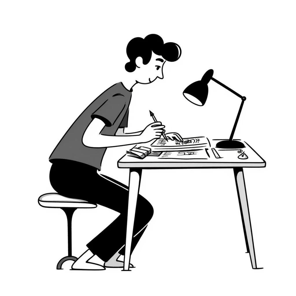 Edit the stick figure to be working on his designs, keep the same hand drawn doodle style. sticker