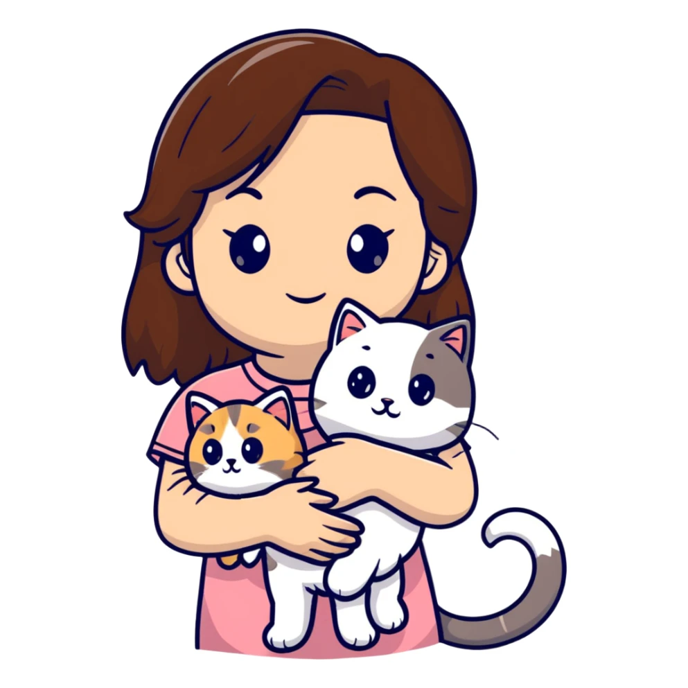 brown-haired girl holding a fluffy ragdoll cat sticker