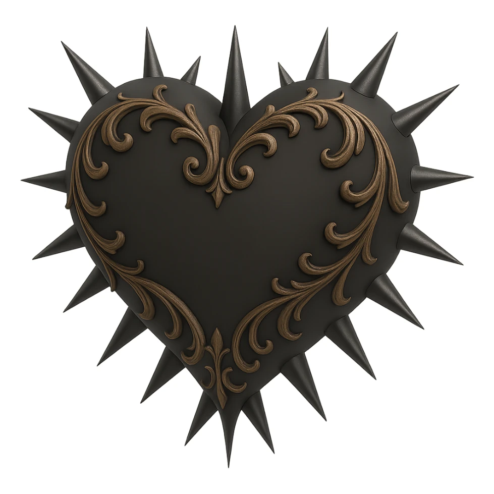 Add sharp metallic spikes to the black gothic heart in 3D black style, keeping the gothic and dark aesthetic with no background. sticker