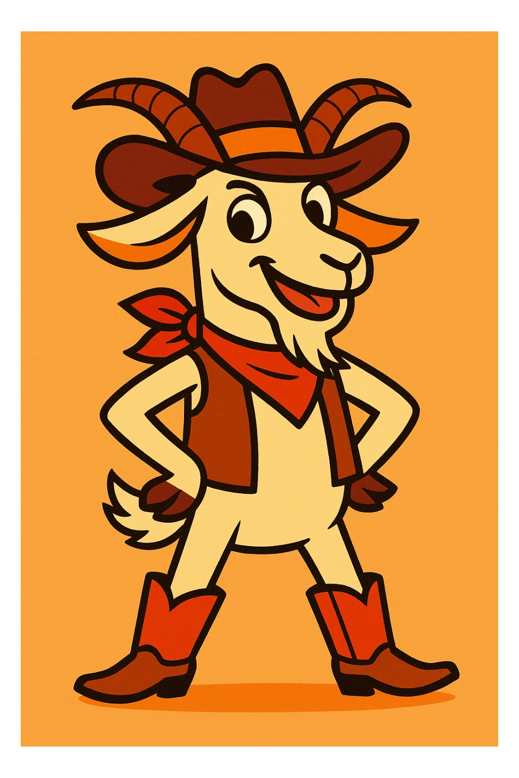 a goat dressed as a cowboy, wearing a hat and boots, standing confidently, cartoon style, vibrant colors sticker