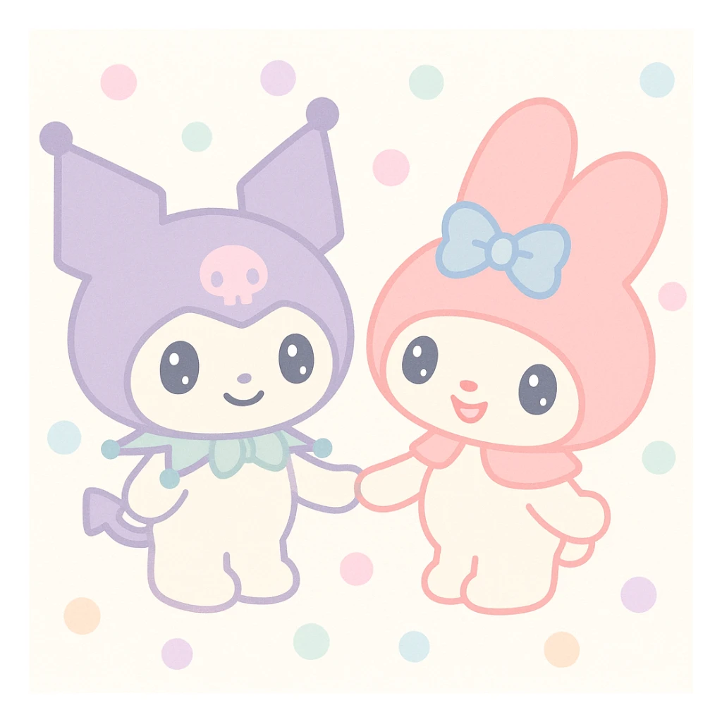 Kuromi and My Melody together, holding hands, pastel colors sticker