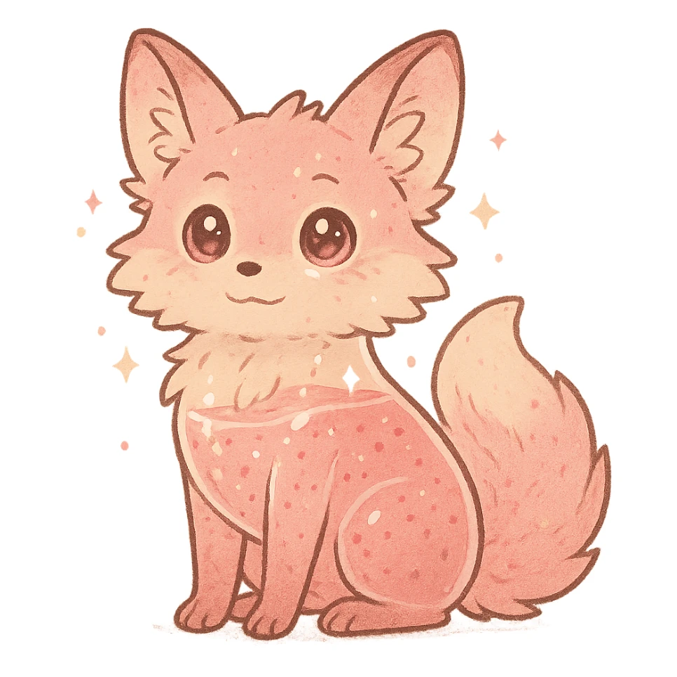 soft fluffy fox with transparent body filled with fruity smoothie, sparkling eyes, pastel pink color palette, full-body sticker