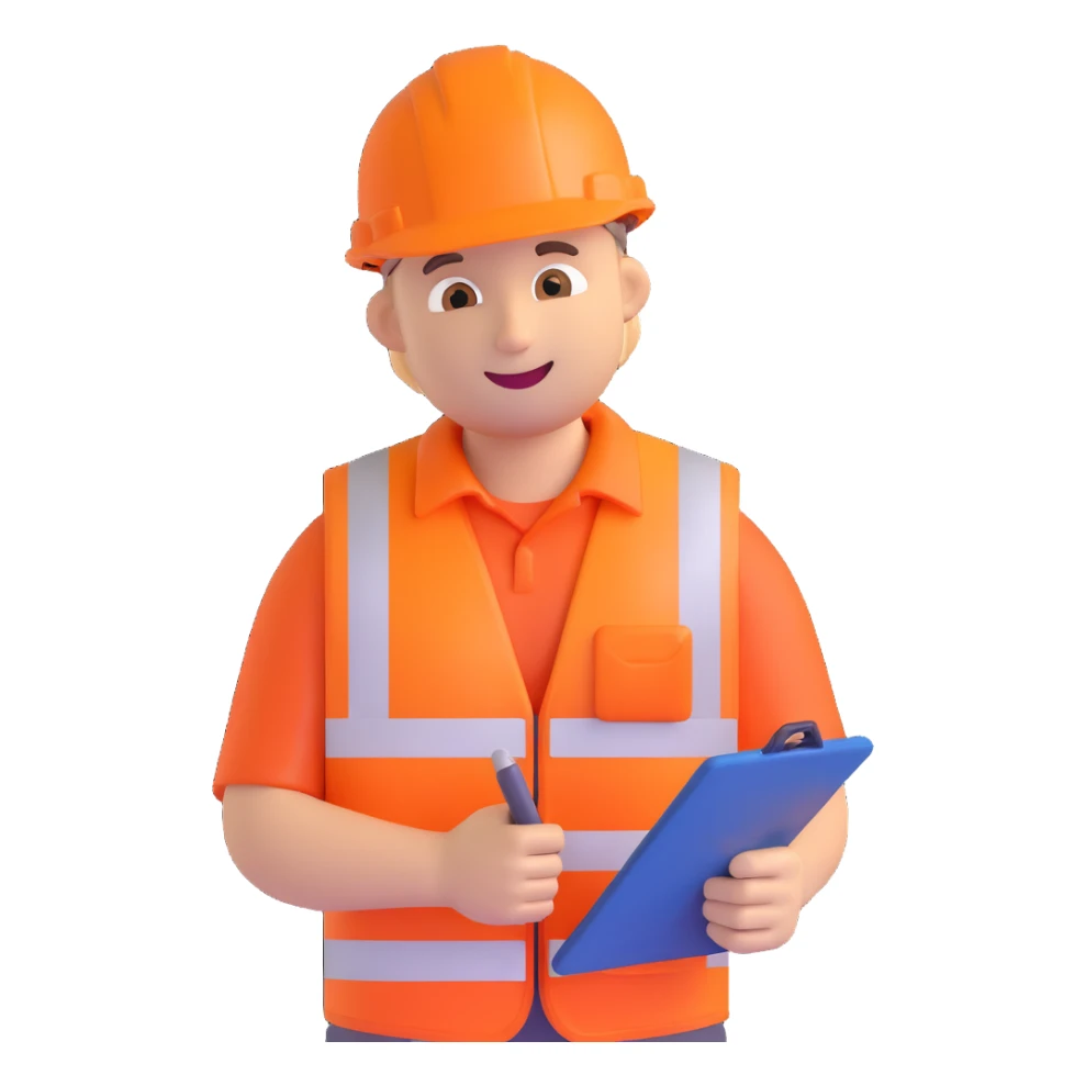 Keith Morey, a Network Rail worker emoji, wearing a high-visibility orange vest, hard hat, holding a clipboard, friendly expression sticker