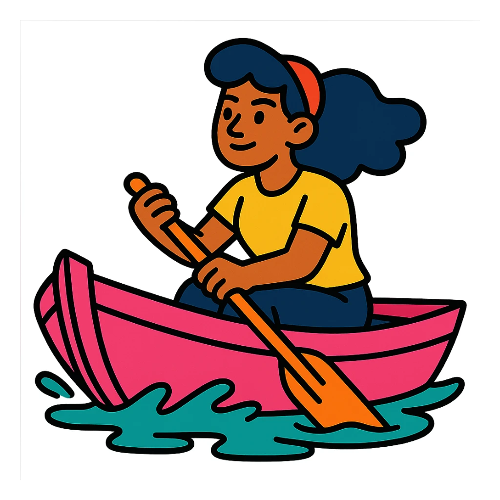 woman rowing a pink boat in vibrant toon style sticker