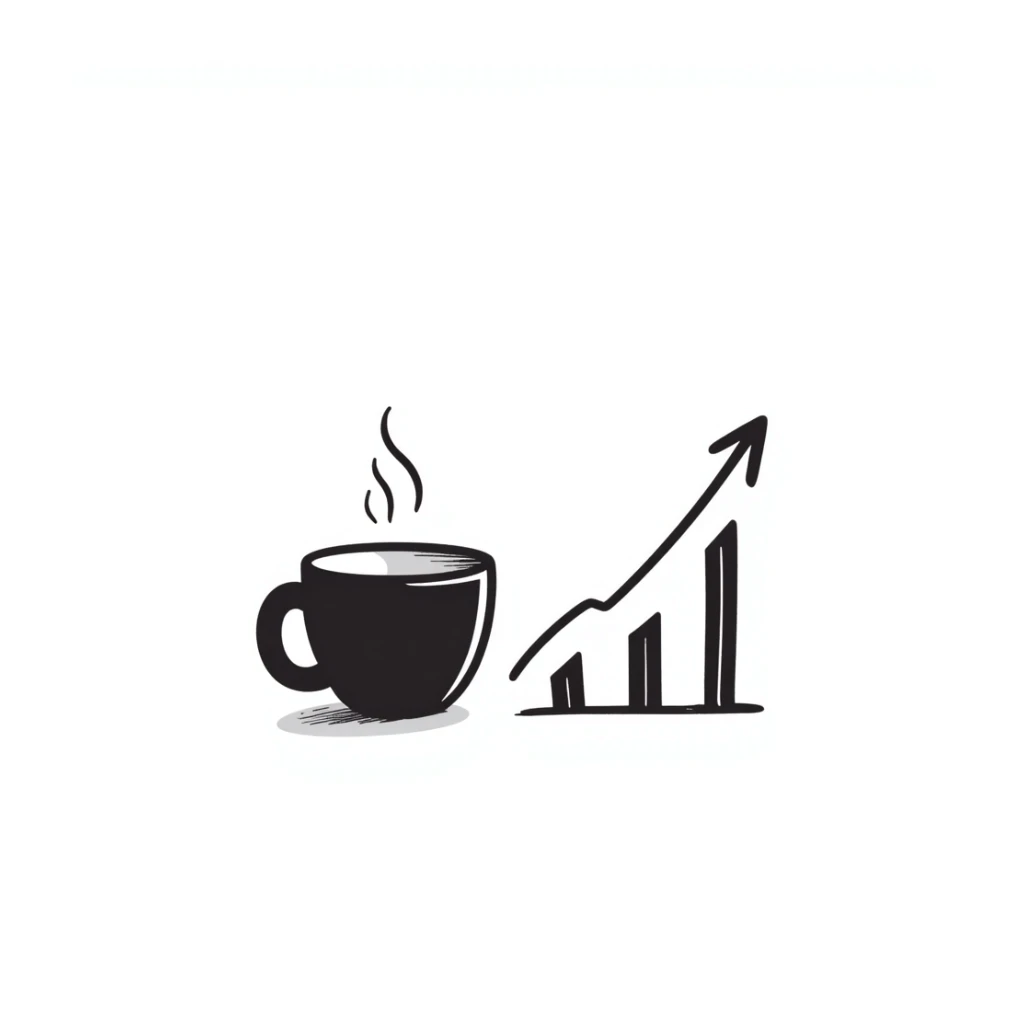 a doodle of a coffee cup next to a bullish stock graph sticker