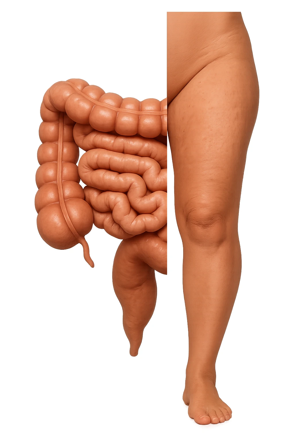 metà immagine: intestino umano anatomico, metà immagine: gambe con buccia d’arancia e cellulite, iperrealistica 4k
 sticker