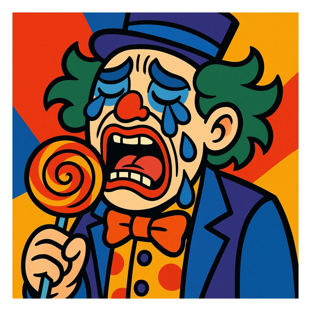 joker character crying and eating a lollipop, expressive, detailed, vibrant colors sticker