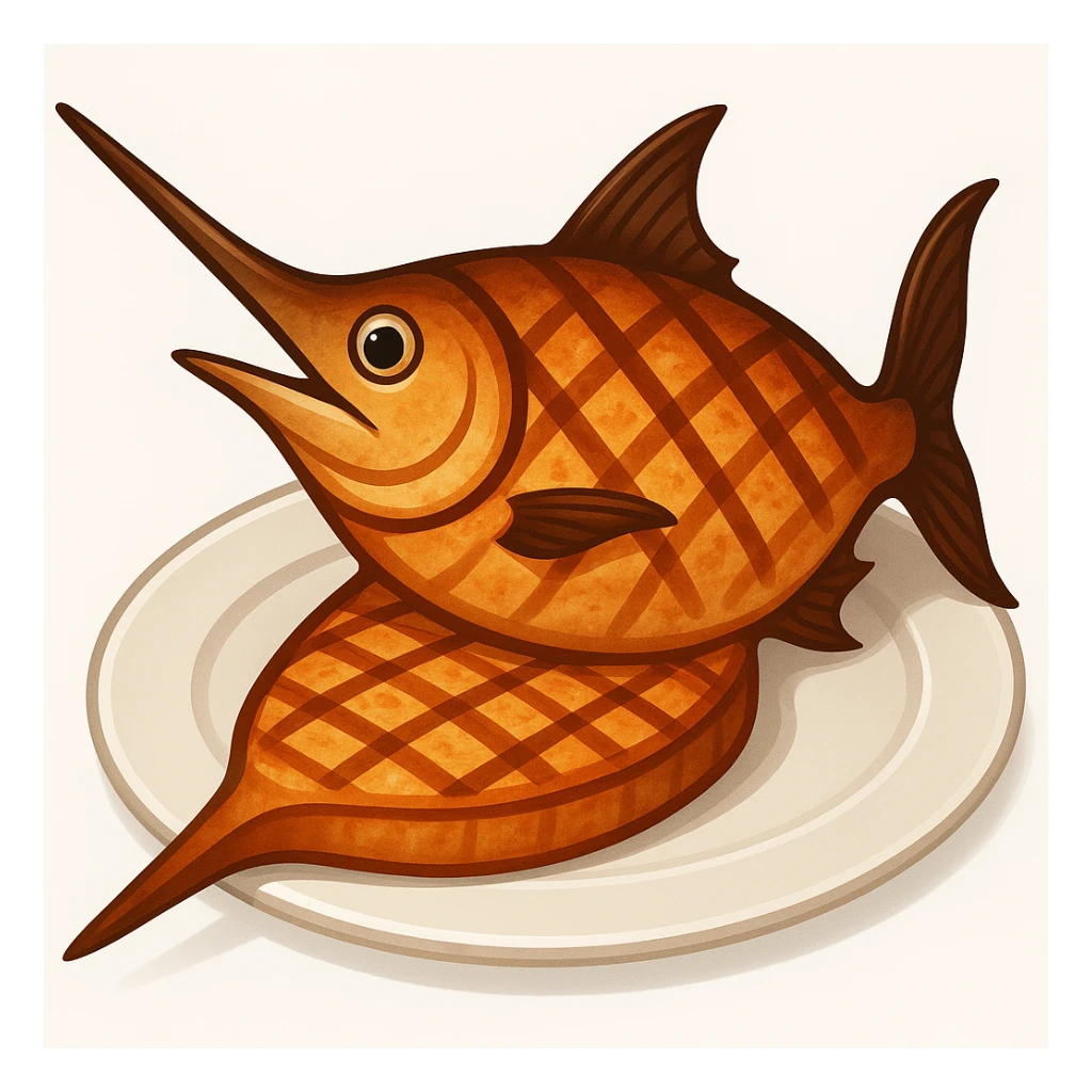 Add a prominent sword-like bill to the cooked swordfish, emoji style. Keep the cooked look and plate if present, no garnish. sticker