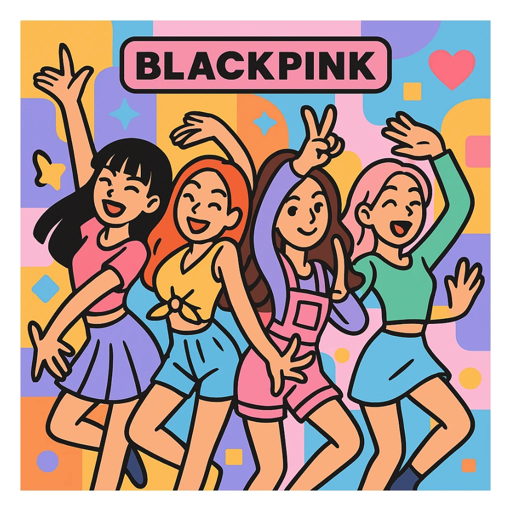 Make the Blackpink group pose even more dynamic, with energetic dance moves and expressive gestures, vibrant toon style sticker