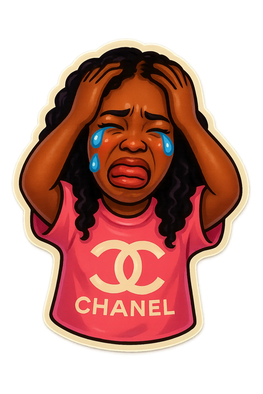  laughing with Tears rolling down face 
Mouth Pout
hands on head 
pink chanel shirt 
head down
 sticker