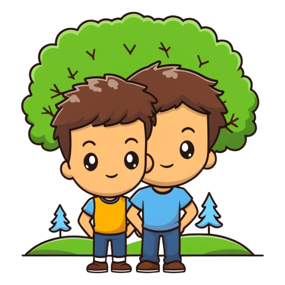 boy with brunette hair brown eyes and tree behind sticker