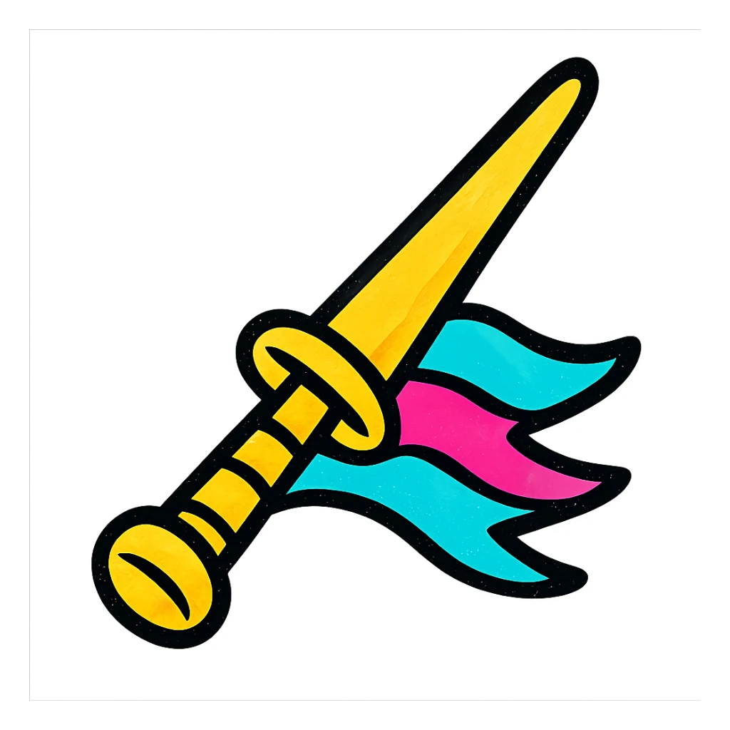 medieval jousting lance with colorful pennant, stylized and bold sticker