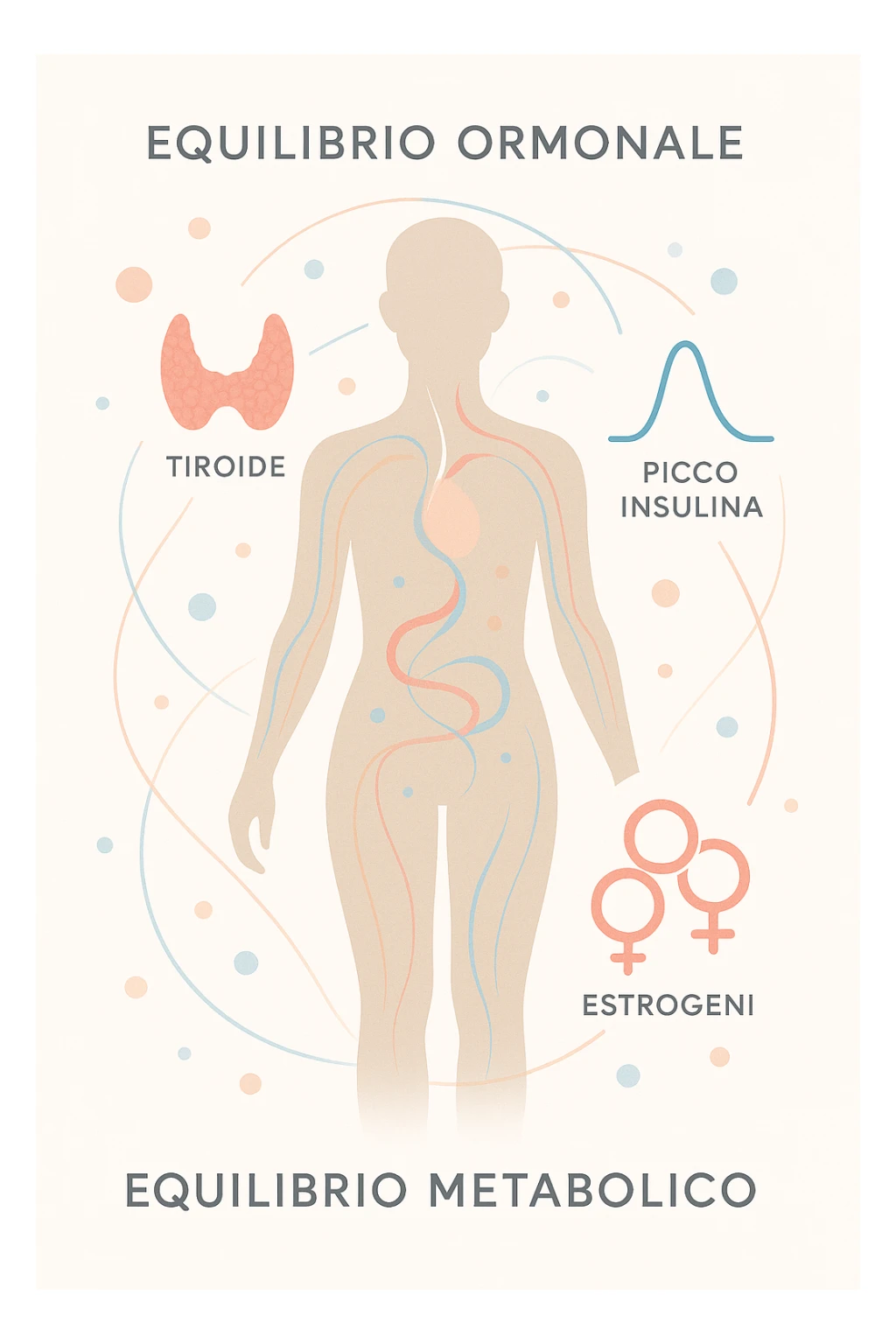 Il corpo è circondato da simboli delicati e bilanciati che rappresentano equilibrio ormonale e metabolico: piccoli cerchi, flussi energetici colorati, simboli stilizzati di tiroide, picco insulina, estrogeni. 4k immagine in italiano sticker
