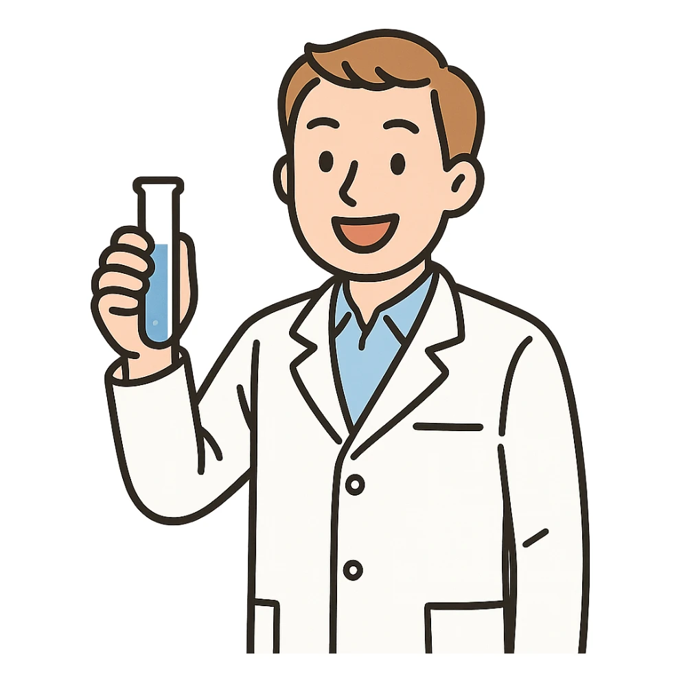 scientist in a lab coat holding a test tube cheerful expression simple background sticker