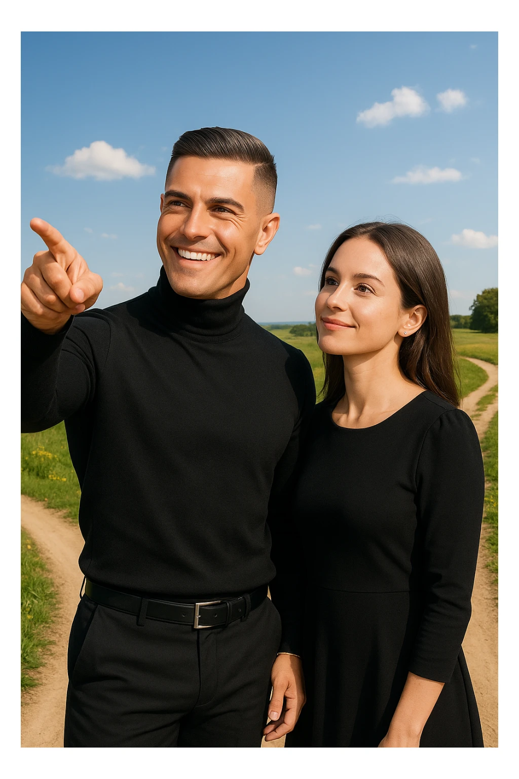 a man stands confidently at a crossroads, pointing toward a clear path ahead. Beside him, a woman looks at him con fiducia e serenità, pronta a seguirlo. Entrambi sono ben vestiti e sorridenti, immersi in un paesaggio luminoso che simboleggia nuove opportunità e un viaggio condiviso. sticker