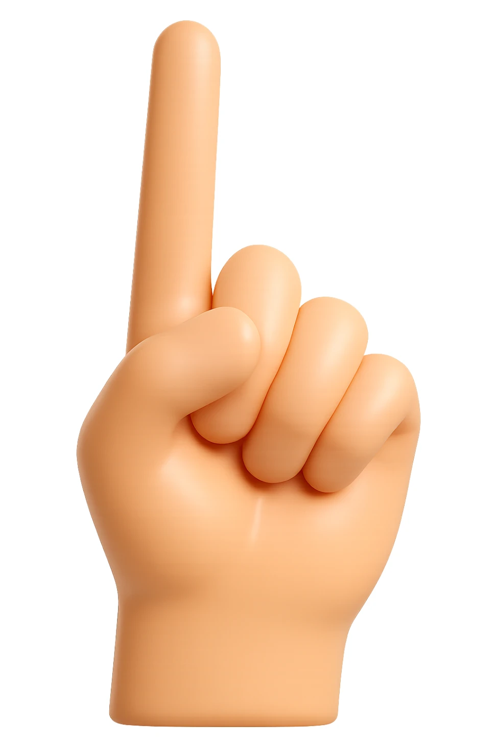 Make the hand look like hard, shiny plastic, just like a figurine's hand from a kid's plastic toy. The surface should be smooth, rigid, and glossy, with realistic skin color, pointing upwards with the pointer finger extended, very high quality and detailed, no background. sticker