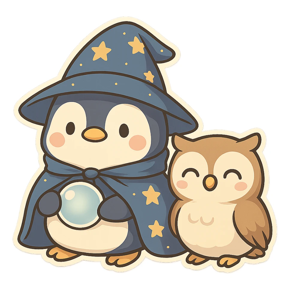 Add a cute pet owl next to the penguin wizard, keeping the whimsical chibi sticker style, with no background. sticker