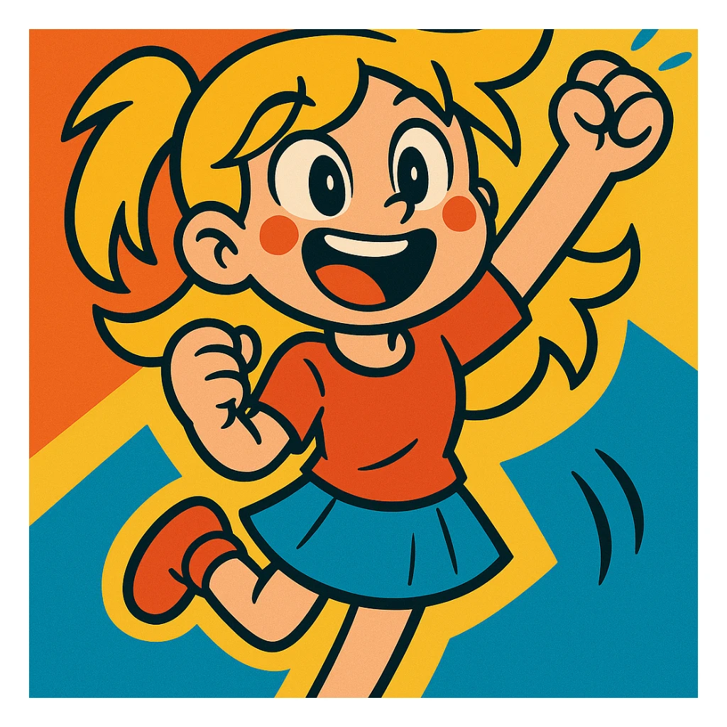 Add a colorful, energetic background that matches her excitement, keeping the vibrant toon style. sticker