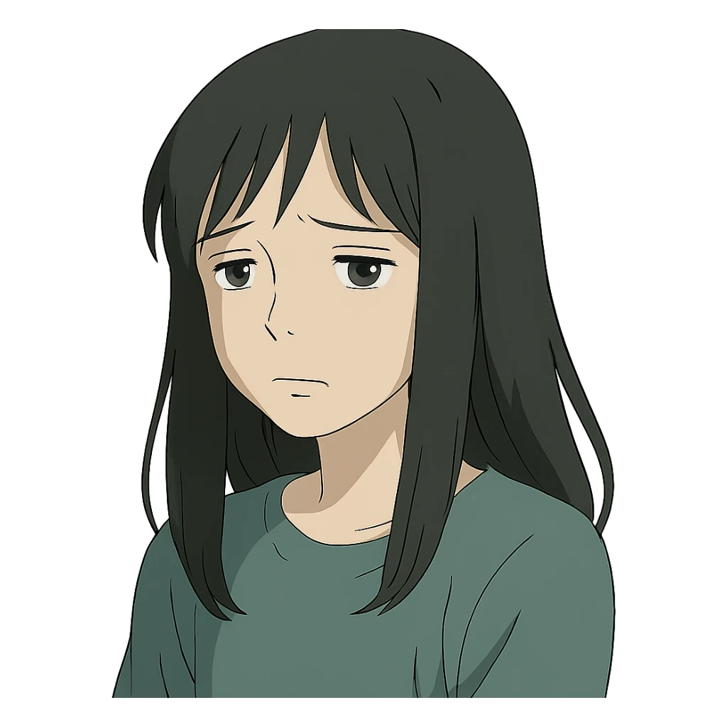 pale girl with long black hair, sad expression, in ghibli style sticker