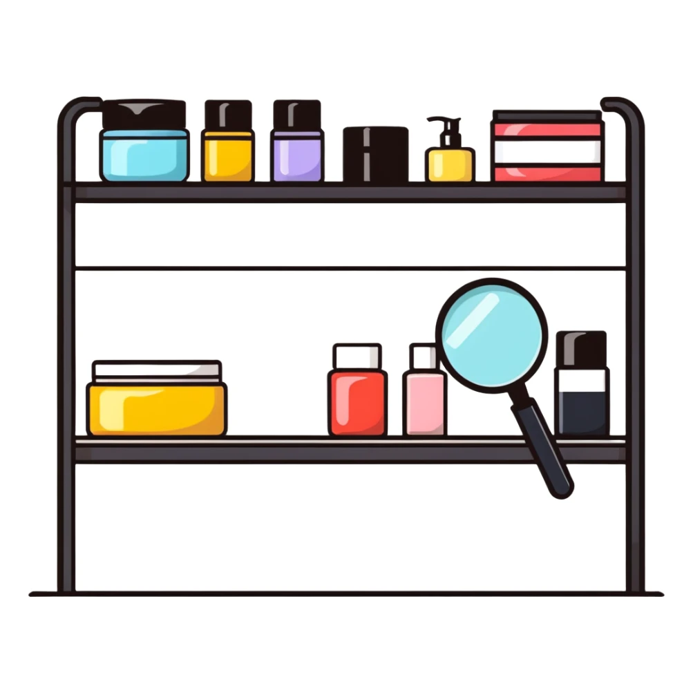 front view magnifying glass over empty beauty product shelf searching sticker