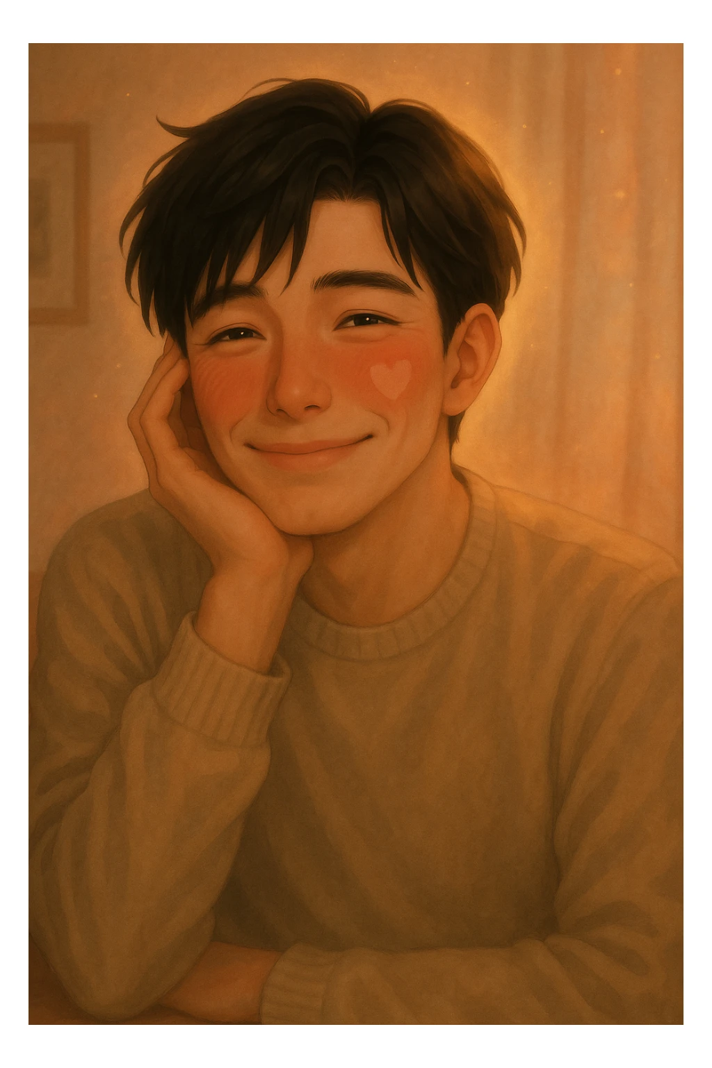 Make the handsome black-haired guy smile more, keeping his dreamy, flushed look and subtle romantic hints that his boyfriend is the cause of his low blood pressure. sticker