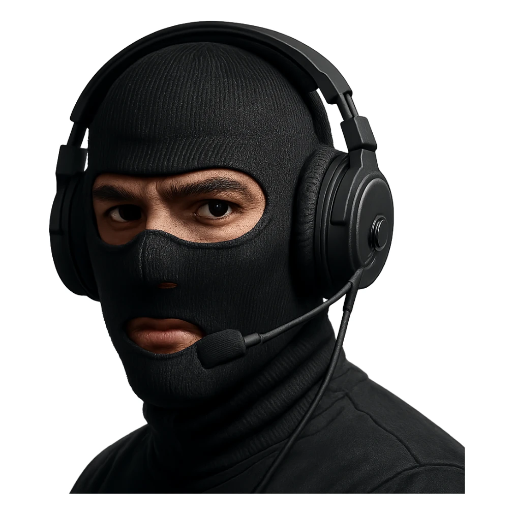 guy wearing a ski mask with a headset, modern, clear details sticker