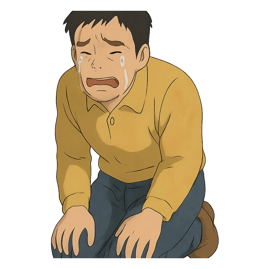 ghibli style illustration of a sad Asian man kneeling and crying sticker