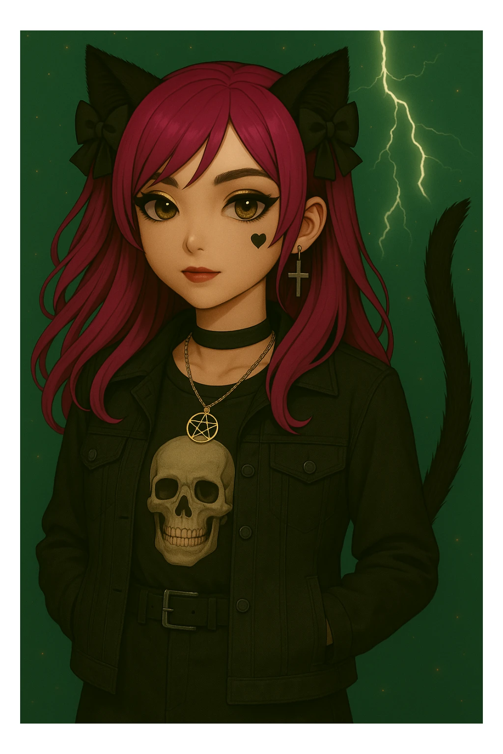Make the character's head smaller in proportion to her body while keeping the bold makeup, heart tattoo, modern streetwear outfit, emo style, pink hair, dark magical accessory, sparkles, stormy background, and normal face. Render in a realistic anime style. sticker