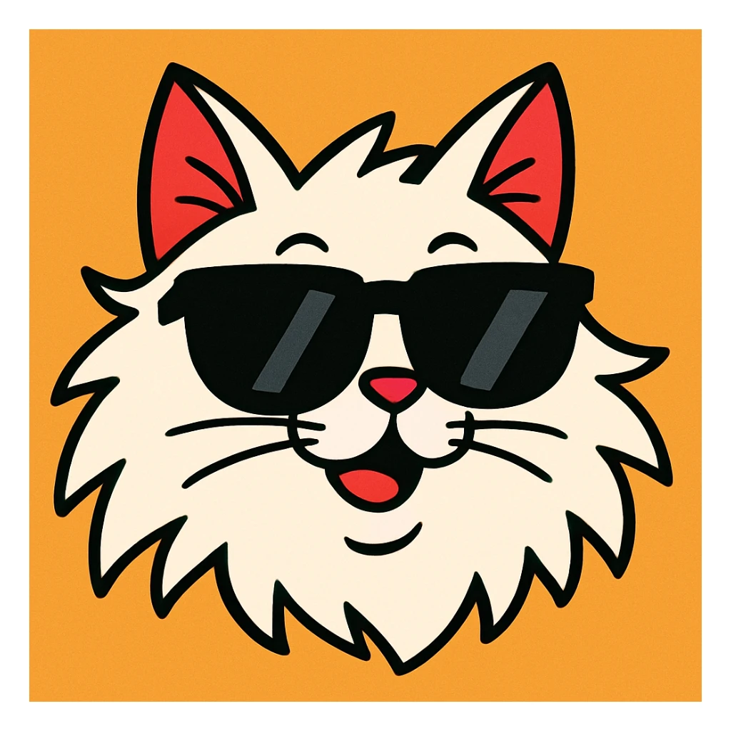 white long-haired cat face with black sunglasses, playful cartoon style sticker
