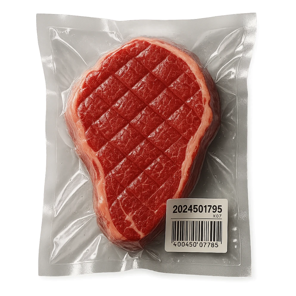 diamond-textured meat steak, shiny and inflated, vacuum-sealed style sticker